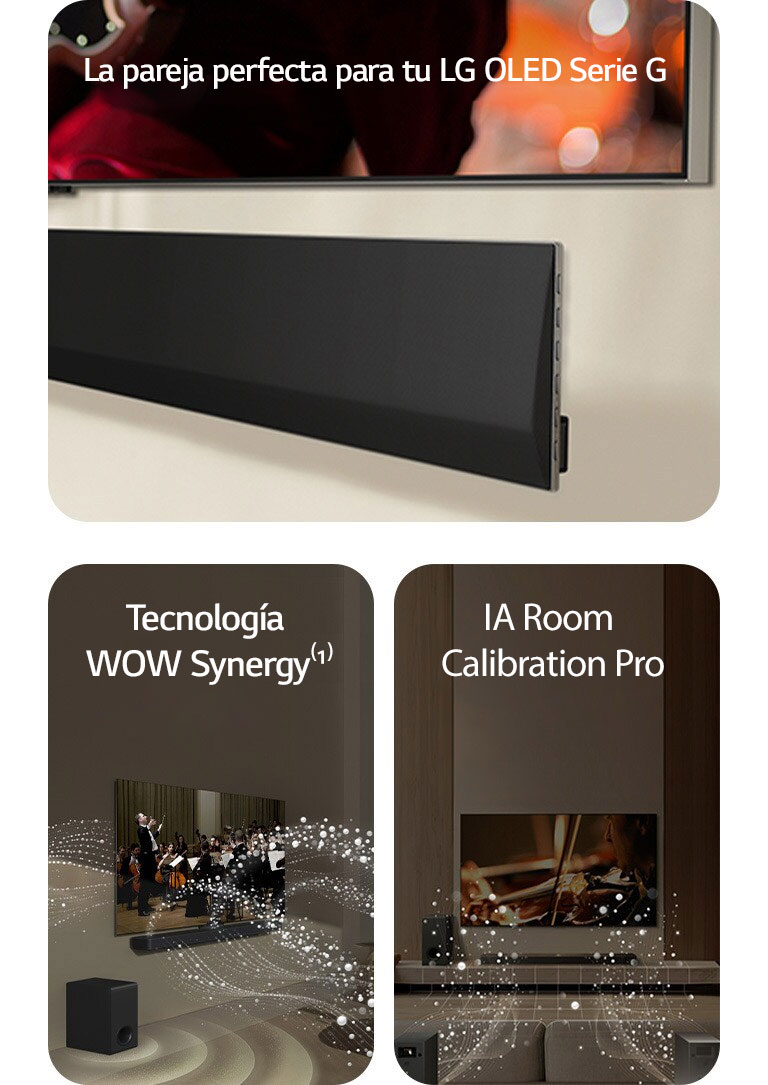 Una perspectiva en ángulo de la parte inferior de un televisor LG y una barra de sonido LG montada contra la pared.  LG Soundbar y LG TV en una sala de estar tocando una actuación de orquesta. Ondas blancas de gotas que representan ondas sonoras se disparan hacia arriba y hacia adelante desde la barra de sonido y se proyectan desde el televisor, mientras el subwoofer crea un efecto de sonido desde abajo.  La barra de sonido LG, el televisor LG, los parlantes traseros y un subwoofer se encuentran en una sala de estar. Aparece una cuadrícula superpuesta sobre la habitación, como un escaneo del espacio. Ondas sonoras blancas formadas por gotas salen desde la perspectiva frontal de los altavoces traseros