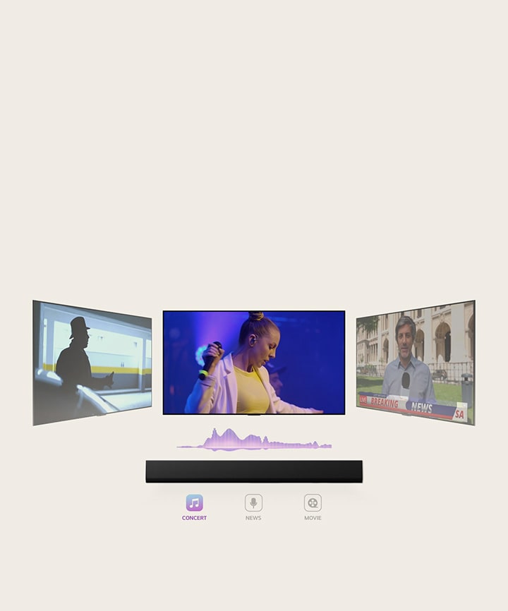 Una LG Soundbar tiene tres pantallas de TV diferentes encima. La que está justo encima muestra a una mujer cantando en un concierto. El televisor de la derecha muestra a un reportero transmitiendo en vivo una noticia de última hora desde el exterior de un edificio ornamentado. El televisor de la izquierda muestra una escena de una película de acción con un hombre en la sombra. Entre el televisor y la Soundbar, hay un diagrama morado de una onda sonora.