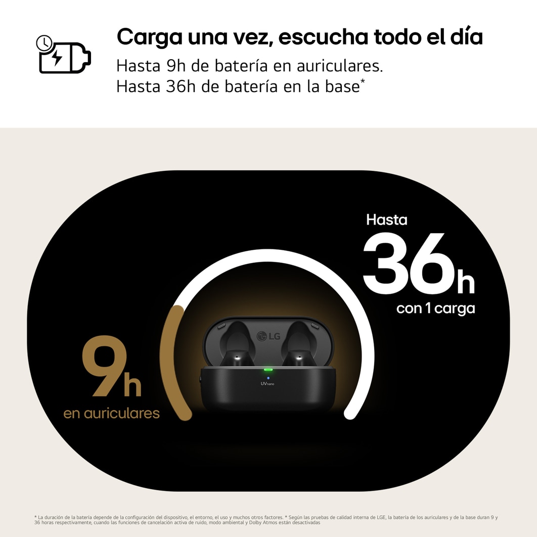 LG TONE Free T90S - auriculares inalámbricos, bluetooth, Dolby Atmos, cancelación de ruido, hasta 36h batería, resistencia IPX4, autolimpieza, grafeno, negro, TONE-T90S.AEUSLBK