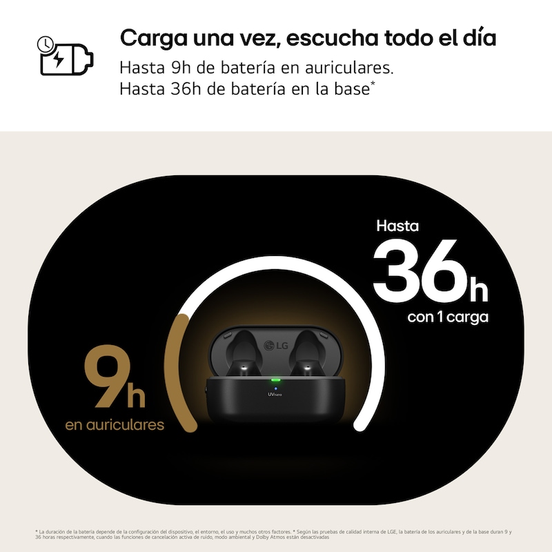 LG TONE Free T90S - auriculares inalámbricos, bluetooth, Dolby Atmos, cancelación de ruido, hasta 36h batería, resistencia IPX4, autolimpieza, grafeno, negro, TONE-T90S.AEUSLBK