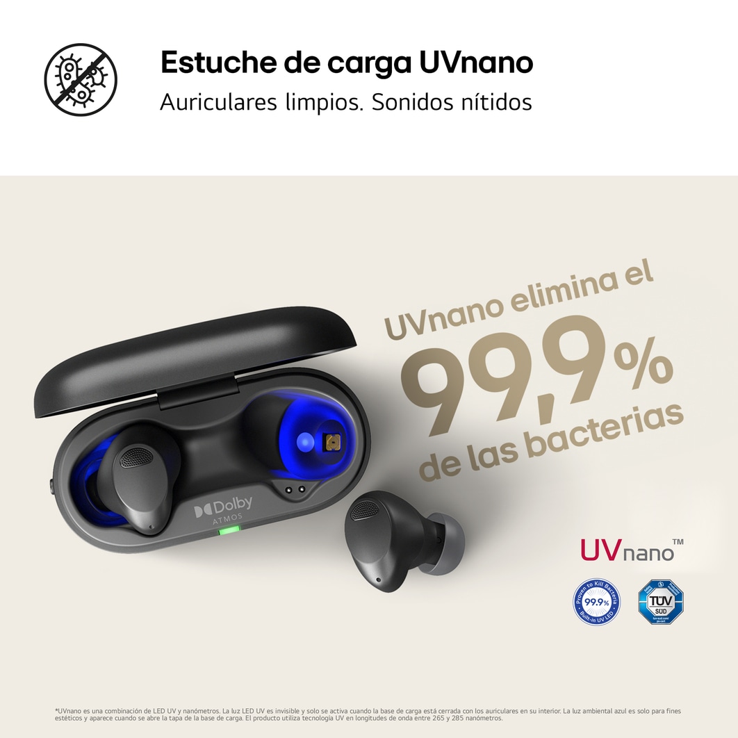 LG TONE Free T90S - auriculares inalámbricos, bluetooth, Dolby Atmos, cancelación de ruido, hasta 36h batería, resistencia IPX4, autolimpieza, grafeno, negro, TONE-T90S.AEUSLBK