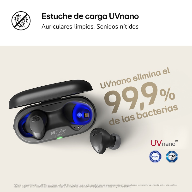 LG TONE Free T90S - auriculares inalámbricos, bluetooth, Dolby Atmos, cancelación de ruido, hasta 36h batería, resistencia IPX4, autolimpieza, grafeno, negro, TONE-T90S.AEUSLBK