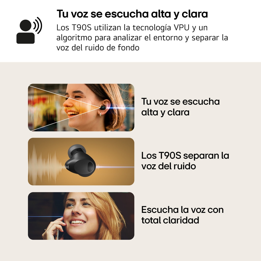 LG TONE Free T90S - auriculares inalámbricos, bluetooth, Dolby Atmos, cancelación de ruido, hasta 36h batería, resistencia IPX4, autolimpieza, grafeno, negro, TONE-T90S.AEUSLBK