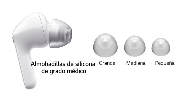 Imagen de auriculares blancos y un juego de almohadillas de 3 tamaños: Grande, Mediano y Pequeño.