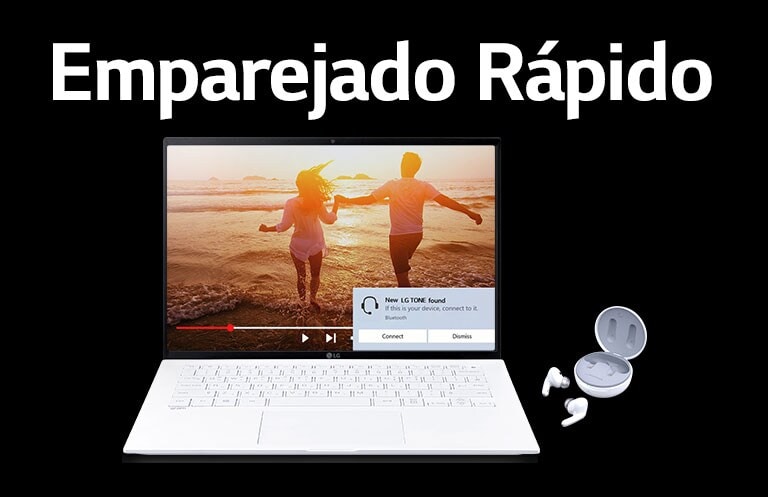 Una imagen de una computadora portátil y TONE Free colocados debajo de la frase 'Emparejamiento Rápido', y la alerta de emparejamiento activada en la pantalla abierta de la computadora portátil.