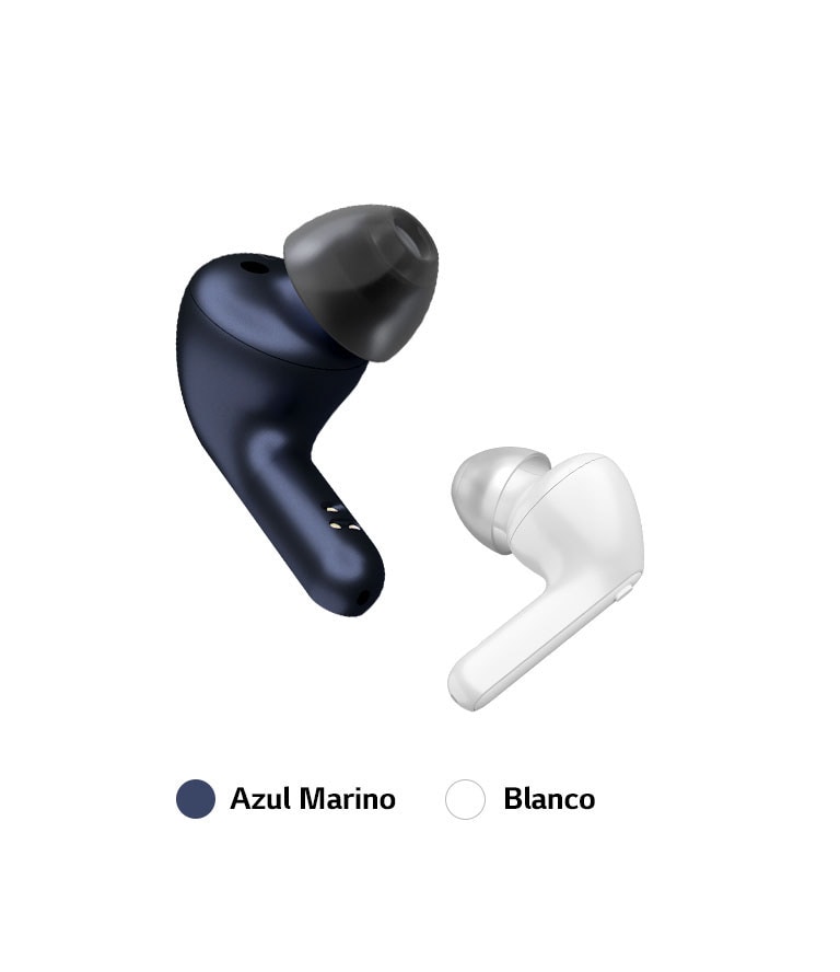 Una imagen de la punta de los auriculares en dos colores, azul y blanco, uno frente al otro.