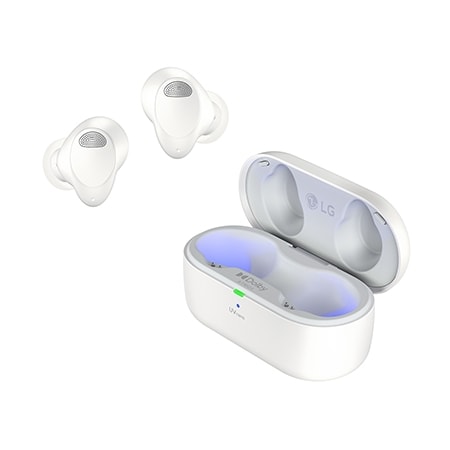 While the earbuds are in the air, light is emitted from the case, opening the cradle's lid. Plug and Wireless appear on the left