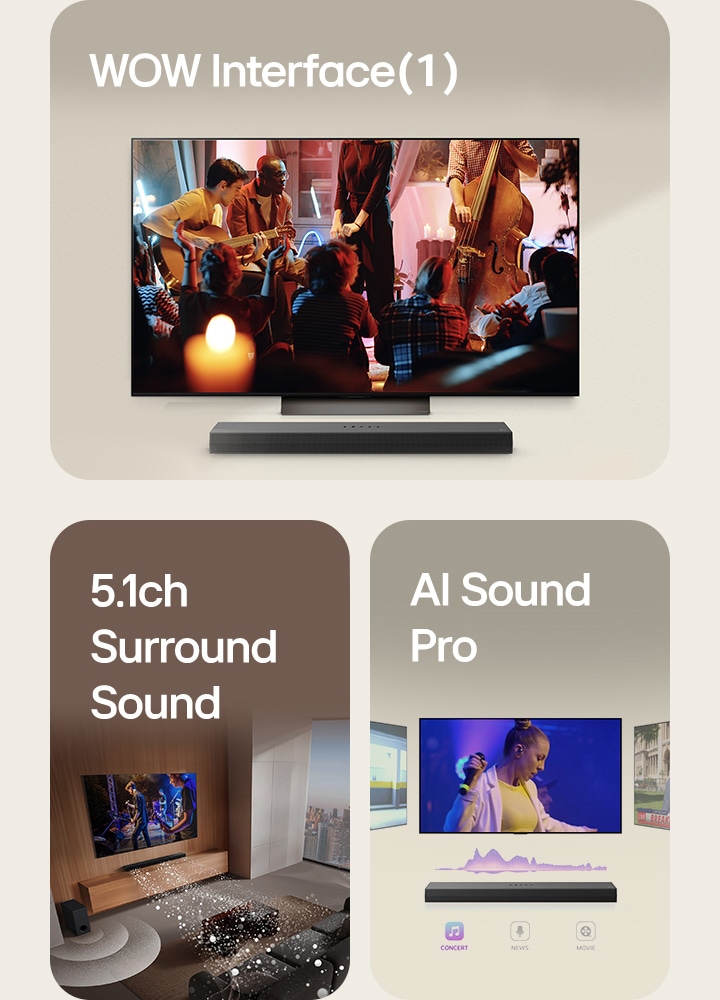 Imagen de una LG Soundbar, un LG Remote y un televisor LG TV que muestra el menú de la Interfaz WOW en pantalla.  Imagen de un televisor LG TV y una LG Soundbar reproduciendo una actuación musical en un salón. Gotas blancas que representan ondas sonoras salen disparadas desde la Soundbar y giran alrededor del sofá y del salón para representar el sonido envolvente. A través de la ventana se ve la silueta de la ciudad.  Imagen de una LG Soundbar con tres pantallas de televisor diferentes arriba. Una muestra una película, otra un concierto y la otra las noticias. Debajo de la Soundbar están los iconos de Concierto, Noticias y Película.