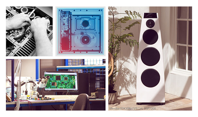 Collage. De arriba a abajo y de izquierda a derecha: dos imágenes de hardware interno Meridian, un altavoz Meridian y un escritorio de I+D de Meridian.