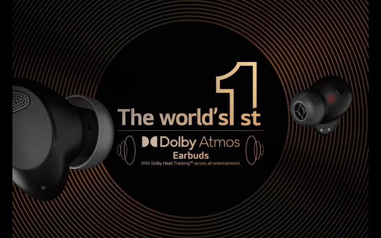 Los auriculares negros T90S sobre un fondo negro. A la izquierda, muestra una vista frontal del auricular izquierdo. A la derecha, se muestra el auricular derecho. En el centro, se muestra el logotipo de los auriculares Dolby Atmos y los gráficos de sonido se colocan junto a él.