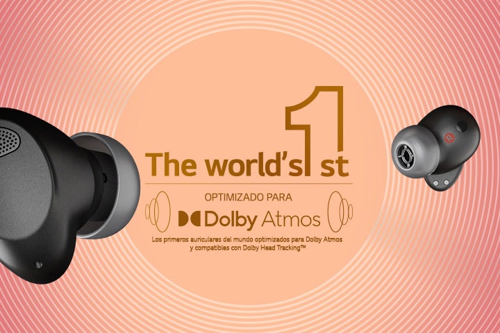 Los auriculares negros T90S flotan en un vacío infinito. A la izquierda, se muestra una vista frontal del auricular izquierdo. A la derecha, se muestra el auricular derecho. En el centro, se muestra el logotipo de los auriculares Dolby Atmos y los gráficos de sonido se colocan a su lado.