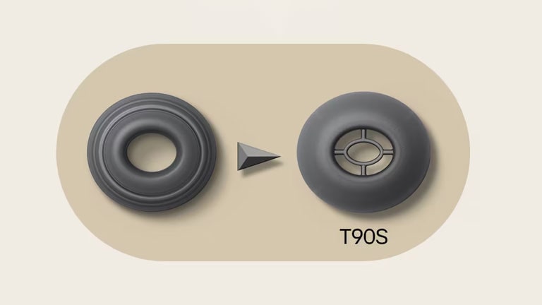Se muestran dos almohadillas para los oídos. A la izquierda está la anterior, a la derecha se muestra la almohadilla para el oido del T90S para que aísle mejor el ruido.