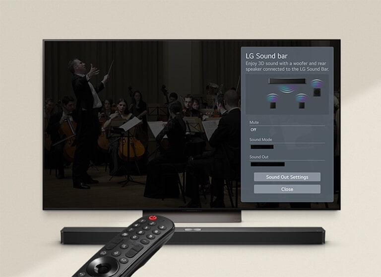 LG Remote apunta hacia un televisor LG con una barra de sonido LG debajo. El televisor LG muestra el menú del WOW Interface en la pantalla.