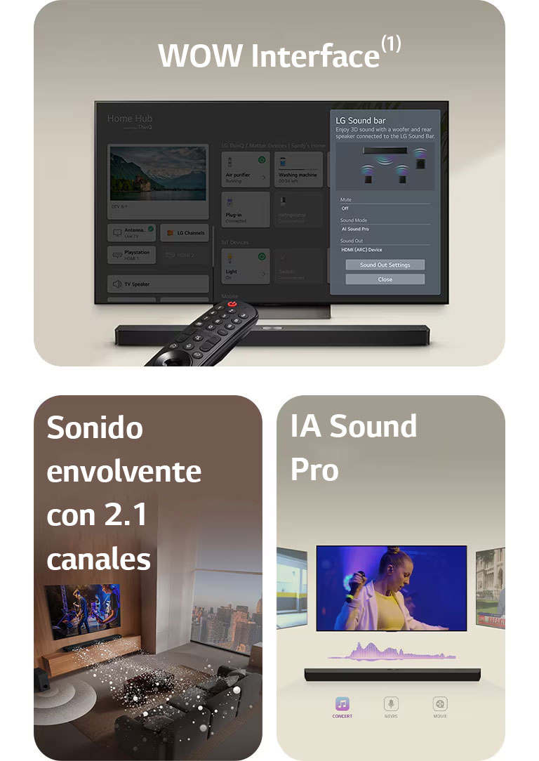 El mando a distancia LG Remote está apuntando hacia un televisor LG TV que tiene una LG Soundbar debajo. Un televisor LG TV muestra el menú de la Interfaz WOW en pantalla.  Imagen de una LG Soundbar, un televisor LG TV, unos altavoces traseros y un subwoofer reproduciendo una actuación musical en un salón. Tres ramas de ondas blancas creadas por gotas representan las ondas de sonido que salen desde la Soundbar y del subwoofer para crear un efecto sonoro desde abajo.  LG Soundbar con tres pantallas de televisor diferentes arriba. Una muestra una película, otra un concierto y la otra las noticias. Debajo de la Soundbar hay tres iconos que indican cada uno de los géneros.