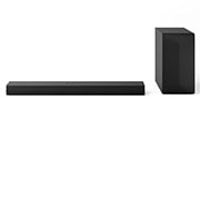 Vista frontal de la LG Soundbar S60T y un subwoofer