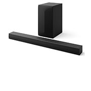 Vista angular de la LG Soundbar S60T y un subwoofer