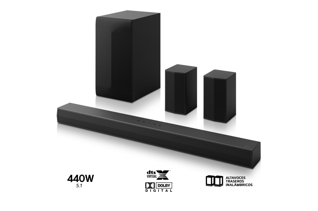 LG Barra de Sonido Inteligente LG S60TR con 440W y 5.1 canales. Altavoces traseros inalámbricos incluidos, S60TR