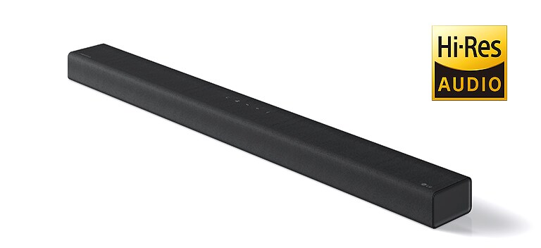Imagen completa de la barra de sonido LG con el logotipo de LG en la esquina inferior derecha de un producto. El logotipo de Hi-Res AUDIO se muestra a la derecha o en la imagen.