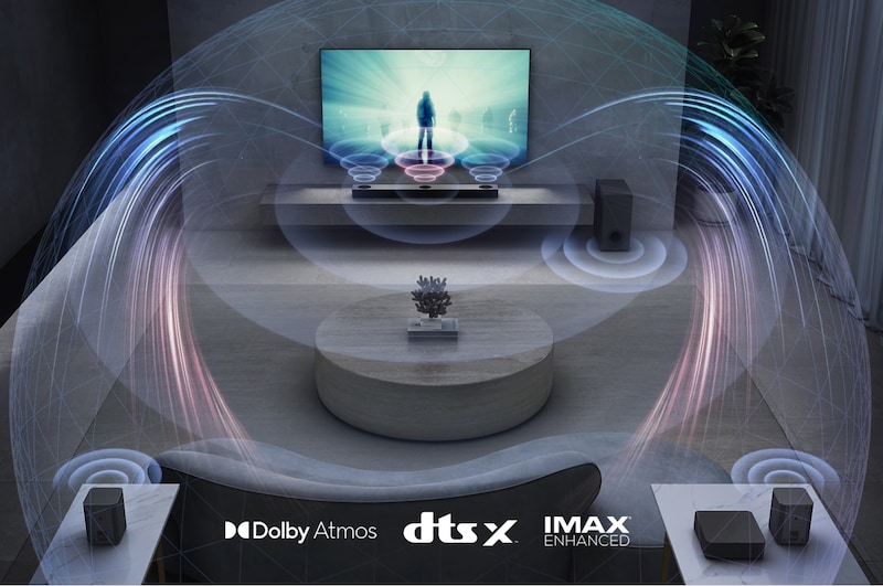 LG Barra de sonido Inteligente LG S80QR con 620W de potencia y 5.1.3 canales, triple altavoz Atmos vertical y altavoces traseros incluidos. Sonido envolvente Dolby Atmos, dst:X, IMAX Enhanced, Hi-Res 24bits/96kHz y Meridian Horizon., S80QR