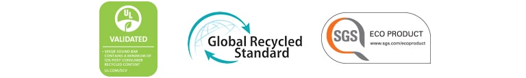 Desde la izquierda, se muestran UL VALIDATED (logotipo), Global Recycled Standard (logotipo), SGS ECO PRODUCT (logotipo).
