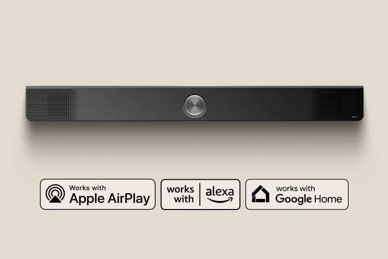 Una perspectiva aérea de una barra de sonido LG. Logotipo de Apple AirPlay Logotipo de Amazon Alexa Logotipo de Google Home