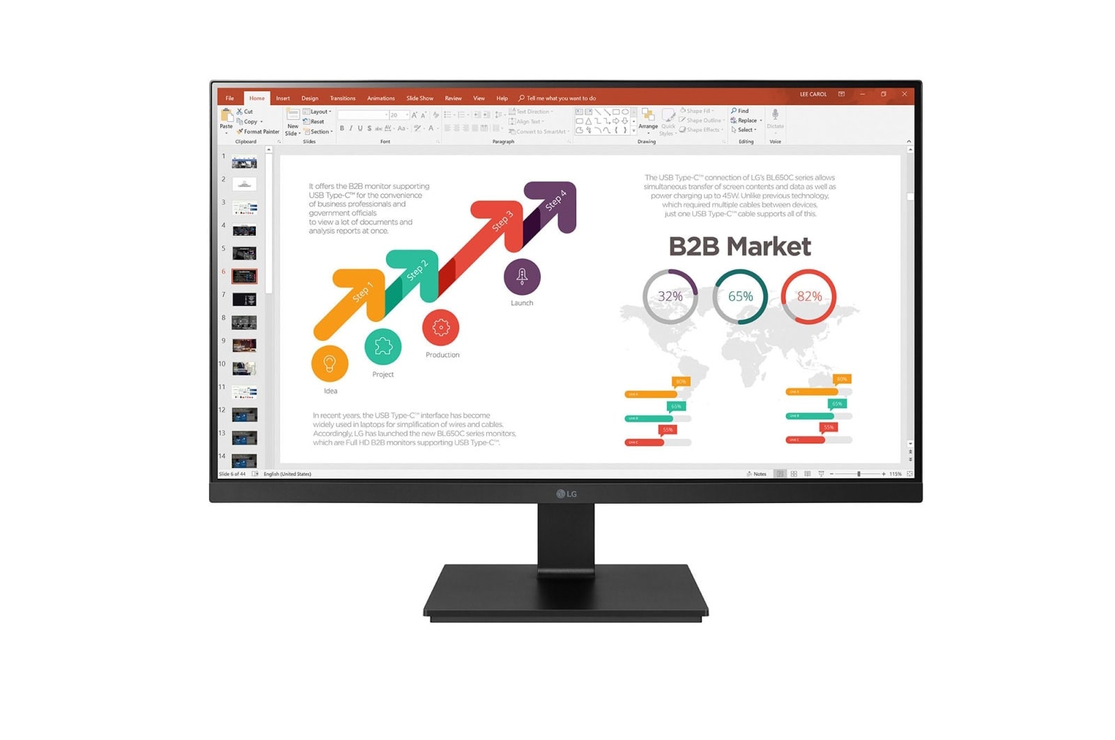 LG 27BL650C-B - Monitor Corporativo (Panel IPS: 1920 x 1080px, ratio 16:9, 250 cd/m², 1000:1, 75Hz, 5ms) ; entr: HDMI x1, DP x1, USB-A x2, USB-C x1 ; Regulable en altura e inclinación, pivotable y giratorio, 27BL650C-B