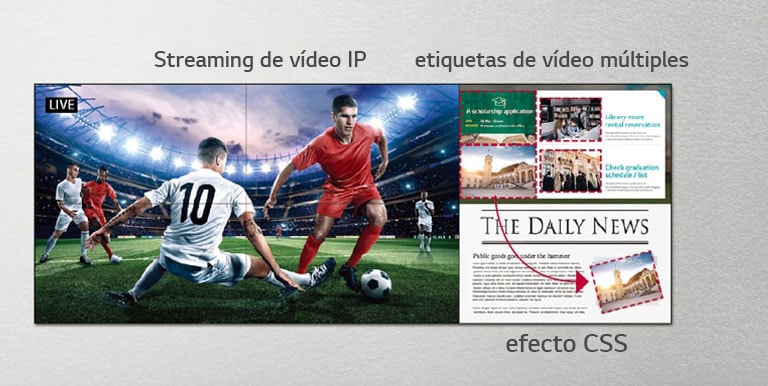 Un lado del videowall transmite en directo un partido de fútbol, mientras que el otro lado de la pantalla utiliza efectos CSS para añadir más contenido.