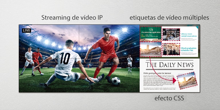 Un lado de la pantalla transmite en directo un partido de fútbol, mientras que el otro lado de la pantalla utiliza efectos CSS para añadir más contenido.