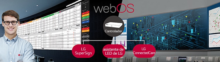Un técnico de LG está monitoreando el estado de la pantalla LED a través del controlador LG webOS y las soluciones de software.