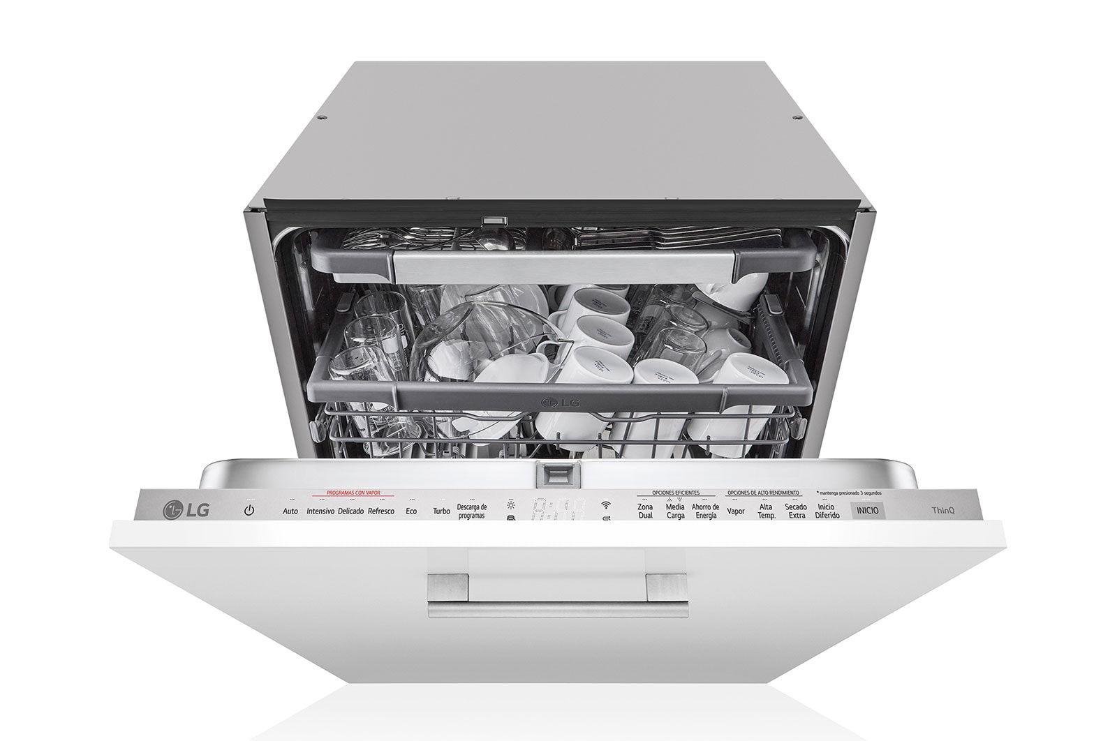 Vista frontal de Lavavajillas Integrable, LG QuadWash™ Steam, B con lavado a vapor y tercera bandeja, DB365TXS