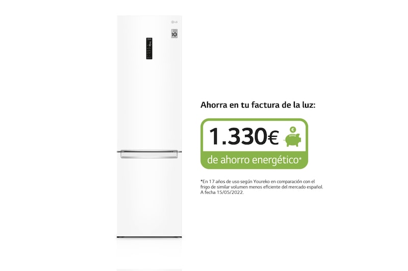 LG Frigorífico Combi 2m, Clasificación D, capacidad de 419l, Blanco, Serie 600, GBB62SWFGN