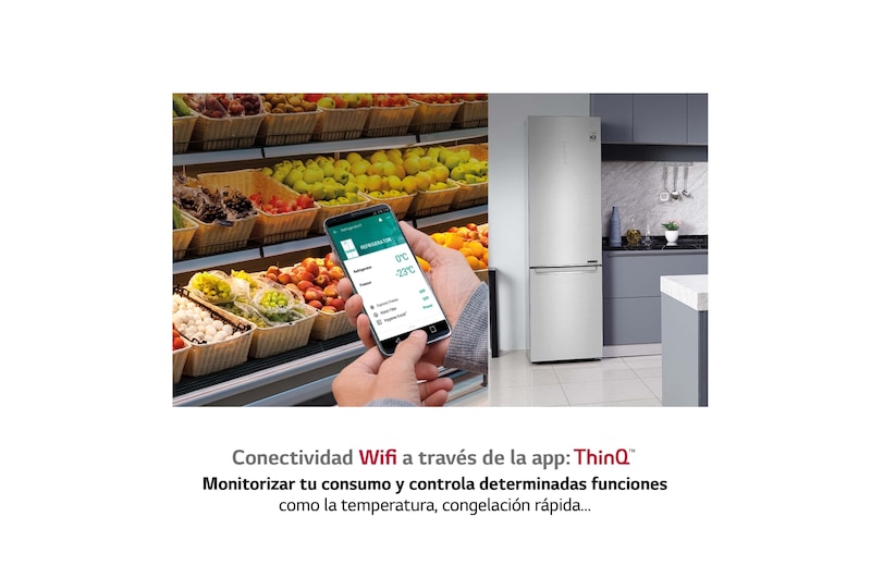 LG Frigorífico Combi 2m, Clasificación B, Acero inoxidable texturizado antihuellas, capacidad de 419l, Serie 700, GBB72MBUBN