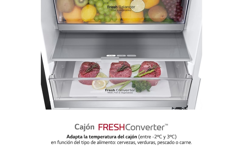 LG Frigorífico Combi 2m, Clasificación un 10% más eficiente que A, 419l, Acero Premium Antihuellas, serie Centum, GBB92MCB1P