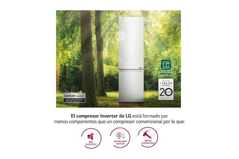 LG Frigorífico Combi 2m, Clasificación A, capacidad de 419l, Acero Premium Antihuellas, serie Centum, GBB92STBAP