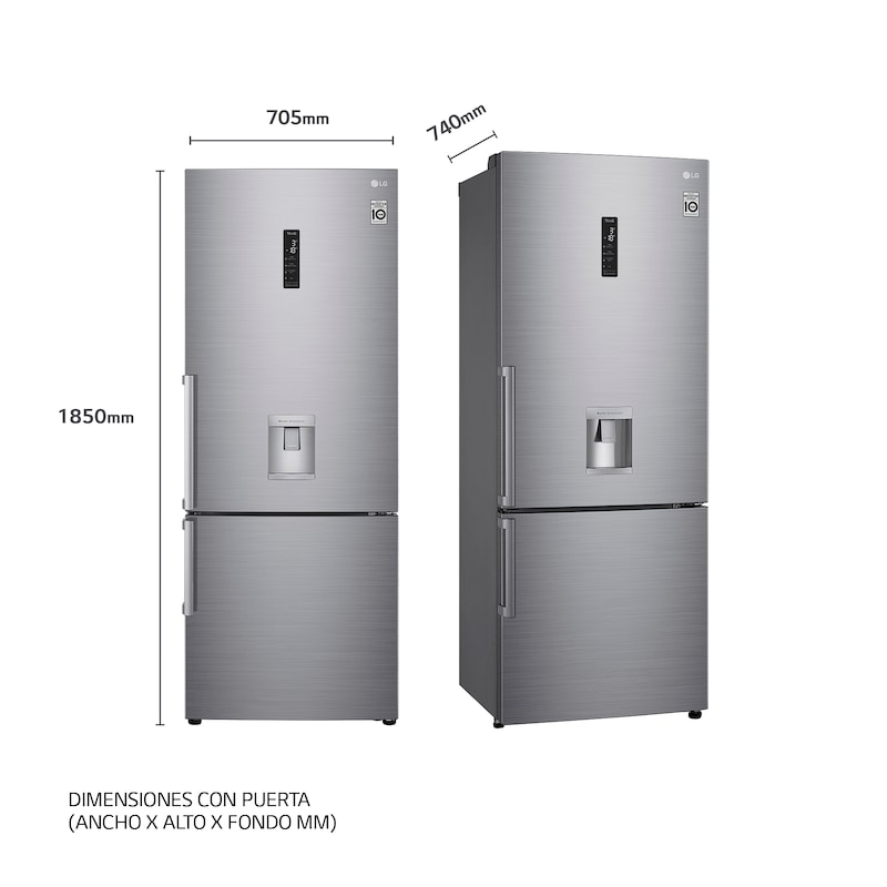 LG Frigorífico Combi 1,85m, Clasificación E,capacidad de 500l, Inox antihuellas, con dispensador de agua serie 70cm, GBF567PZCMB