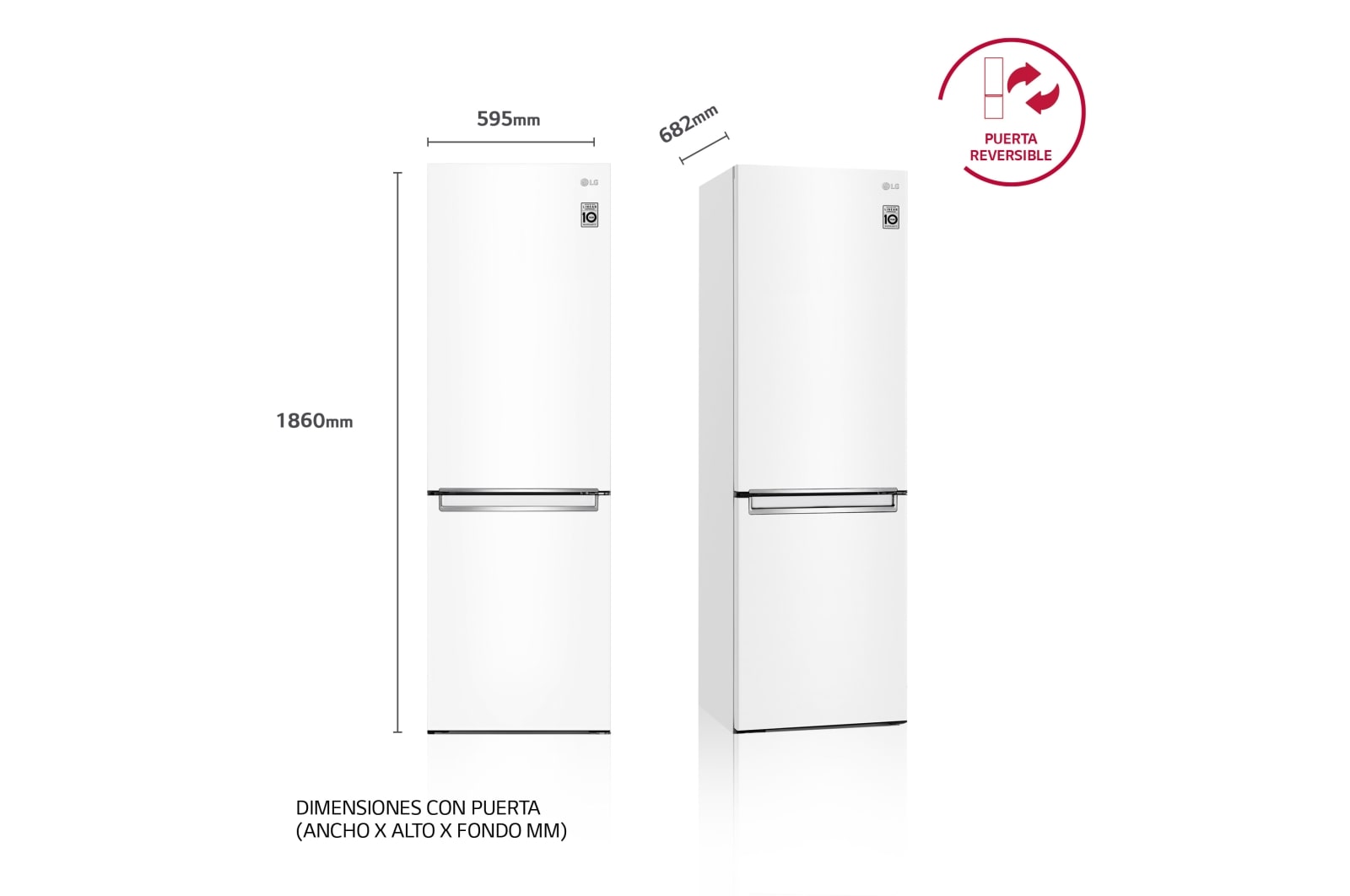 LG Frigorífico Combi DoorCooling+™ 1,86m, Clasificación D, capacidad de 374l, Blanco, serie P-600, GBP61SWPGN