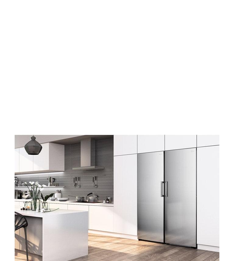 El congelador se muestra en un ángulo que encaja perfectamente con los armarios en una cocina moderna.