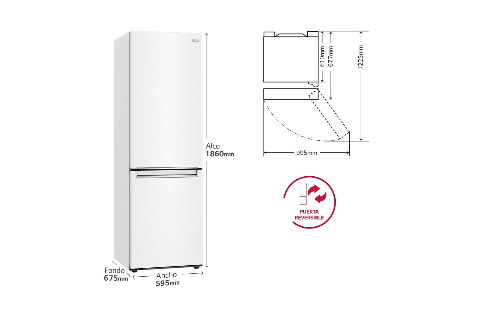 LG Frigorífico Combi LG GBP31SWLZN, 1,86m, E, capacidad de 374l, Blanco, serie 3, GBP31SWLZN