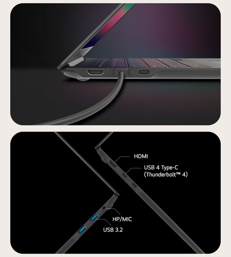 HDMI, USB 4 Tipo-C (Thunderbolt™ 4), HP/MIC, USB 3.2.