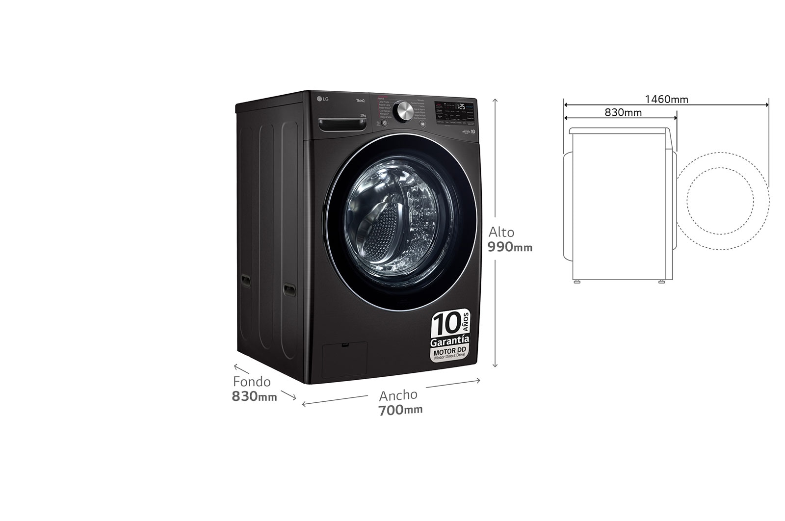 LG Lavadora inteligente AI Direct Drive. TurboWash 360º, 20kg ,  1000rpm B, Inox antihuellas, Serie XXL, F0P3CYV2E