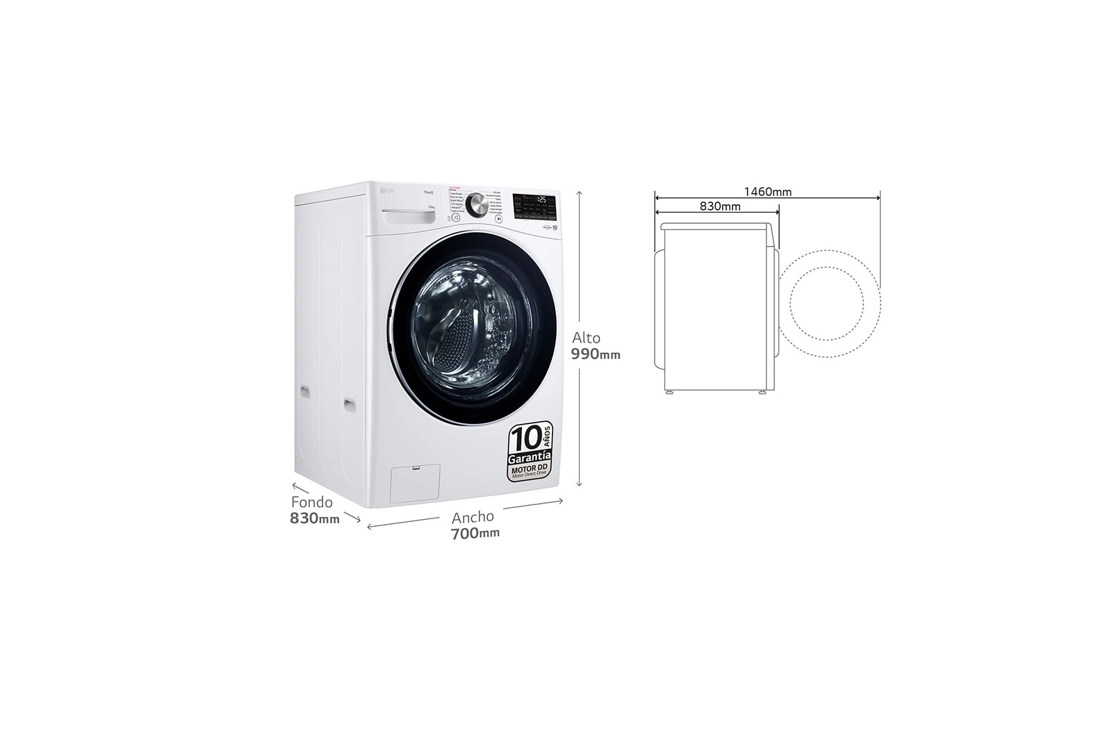 LG Lavadora inteligente AI Direct Drive. TurboWash 360º, 20kg ,  1000rpm B, Blanca, Serie XXL, F0P3CYV2W