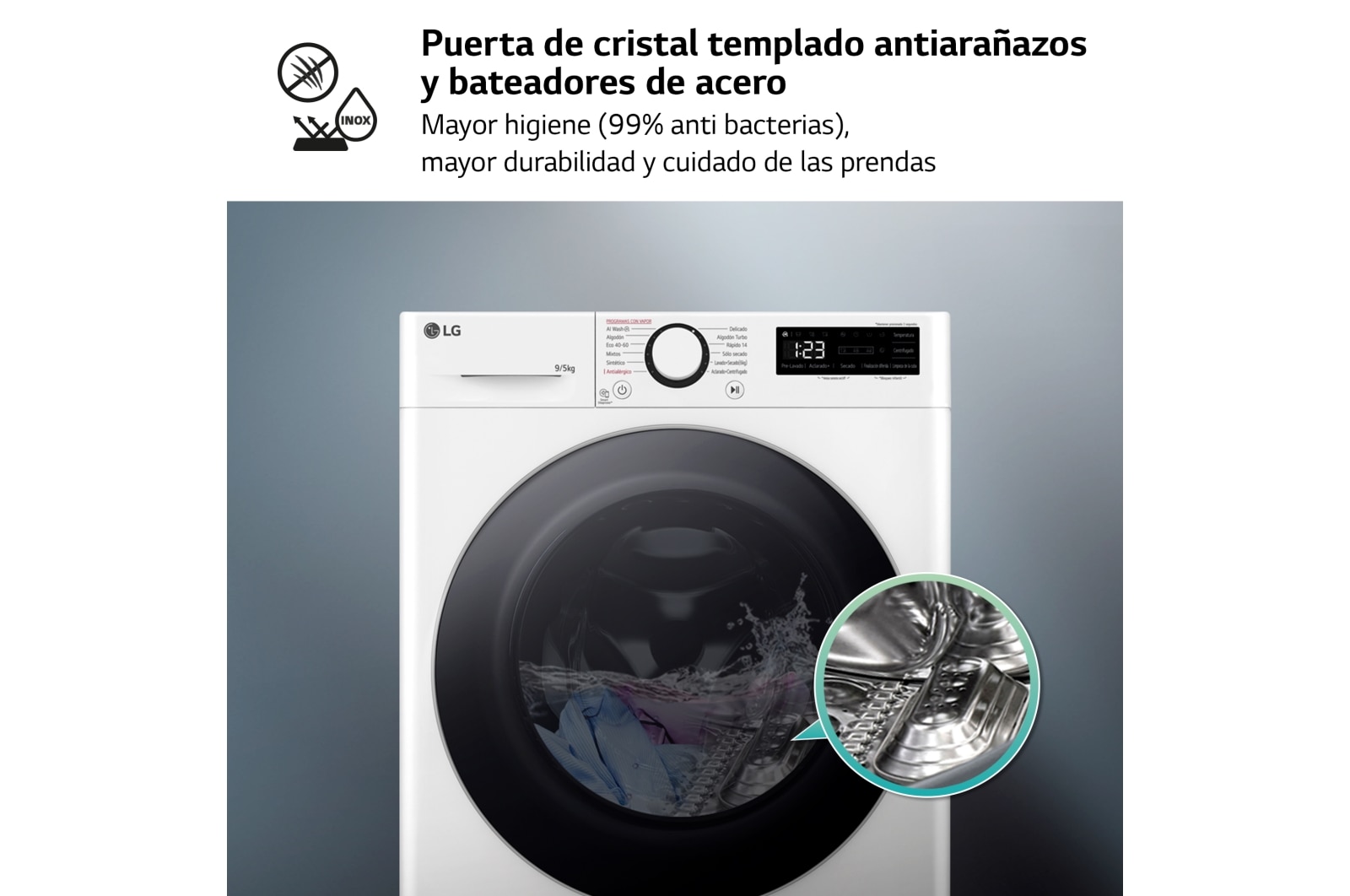 LG Lavasecadora inteligente AI Direct Drive TM, Vapor 9/5kg, 1200rpm,  Un 10% más eficiente que  A(lavado) /D(secado) Blanca, Serie Fondo especial 500 , F2DR5S09A1W