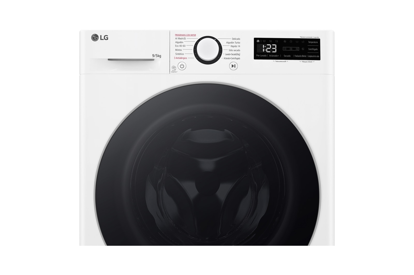 LG Lavasecadora inteligente AI Direct Drive TM, Vapor 9/5kg, 1200rpm,  Un 10% más eficiente que  A(lavado) /D(secado) Blanca, Serie Fondo especial 500 , F2DR5S09A1W