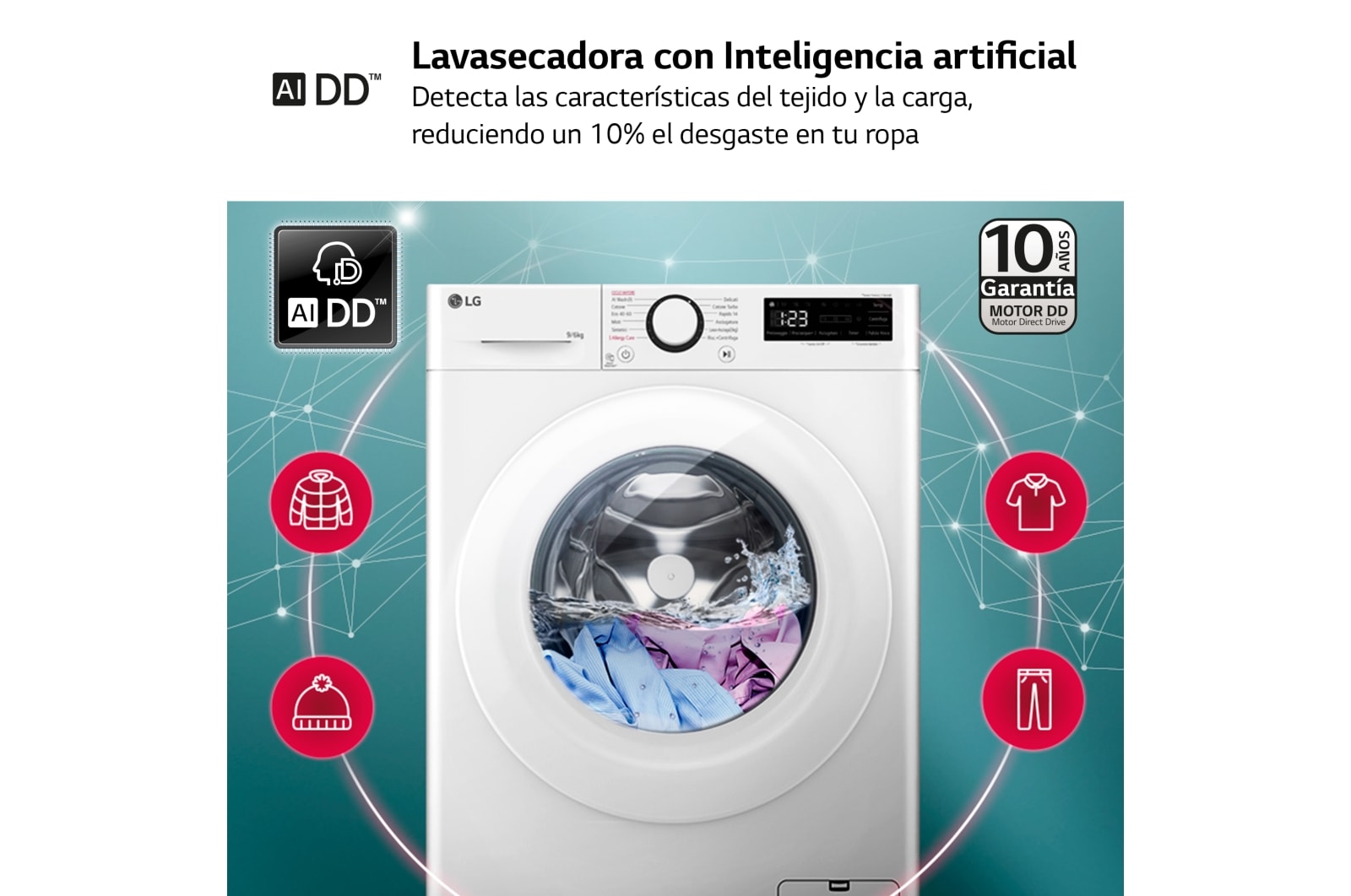 LG Lavasecadora inteligente AI Direct Drive TM, Vapor 9/6kg, 1400rpm, Un 10% más eficiente que A(lavado) /D(secado) Blanca, Serie 500 , F4DR5009A3W