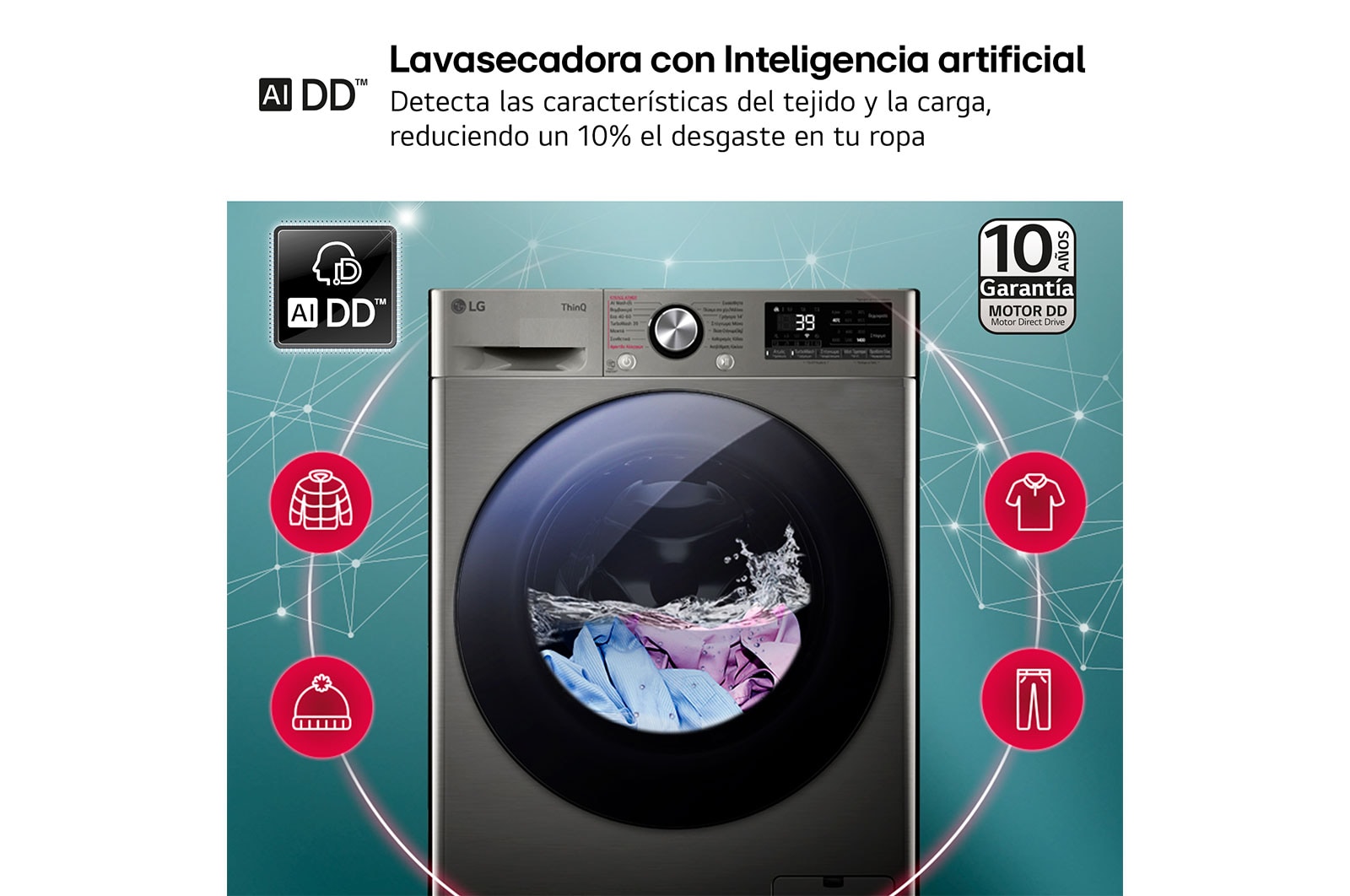 LG Lavasecadora inteligente AI Direct Drive™, Turbowash 360º, 9/6kg, 1400rpm, Un 10% más eficiente que  A(lavado) /D(secado), Blanca, Serie 700, F4DR7009AGS