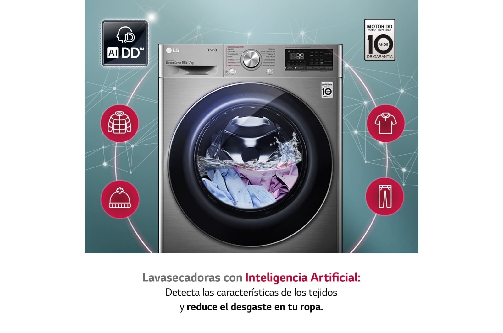 LG Lavasecadora inteligente AI Direct Drive 10,5/7kg, 1400rpm, Clasificación A(lavado)/E(secado), Inox antihuellas, Serie 700, F4DV7010S2S
