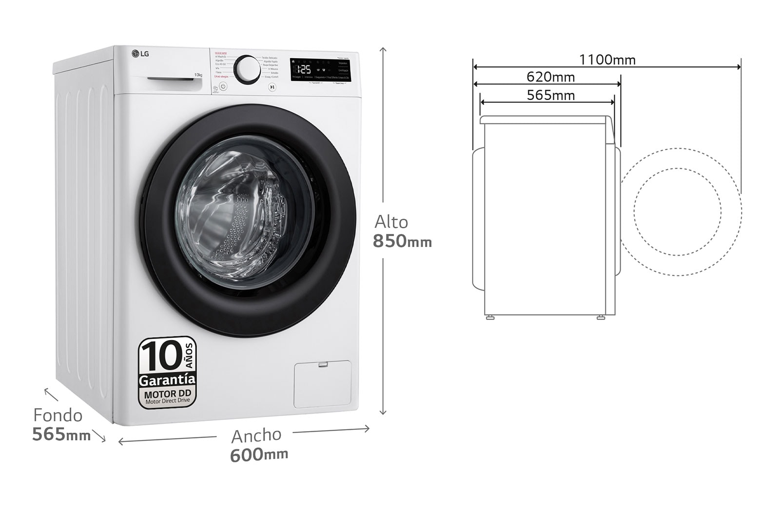 LG Lavadora inteligente AI Direct Drive,  Vapor,  10kg ,  1400rpm Un 10% más eficiente que A, Serie 500, F4WR5010A6W