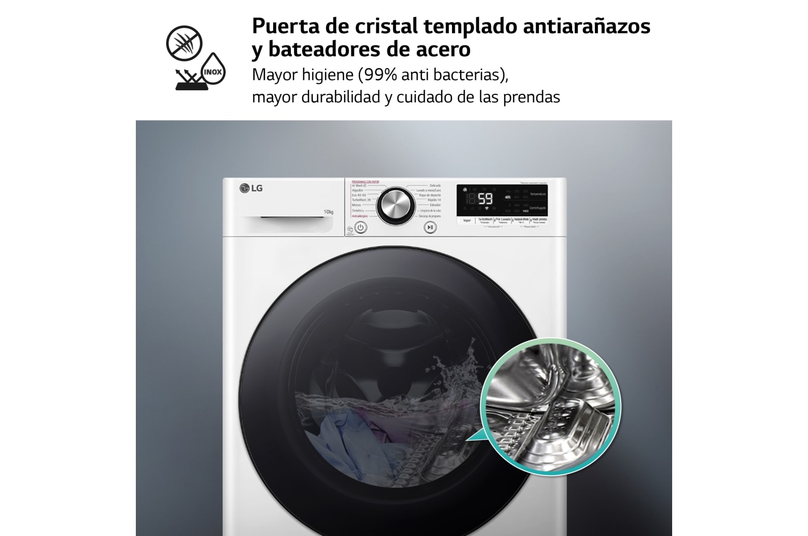 LG Lavadora 10kg , 1400rpm Un 10% más eficiente que A, TurboWash 360º- Steam +, F4WR7010AGW.OBSEXC