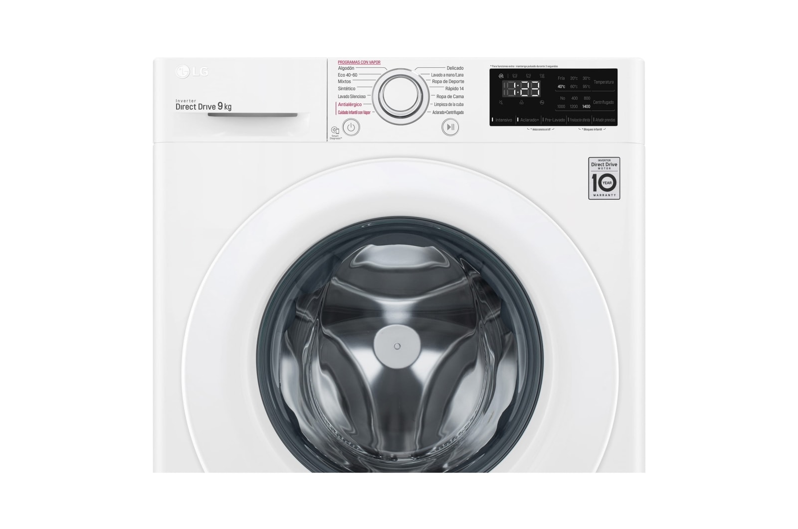 LG Lavadora inteligente AI Direct Drive TM, con Vapor, 9kg, 1400 Clasificación A, Blanca , Serie 300, F4WV309S3WA