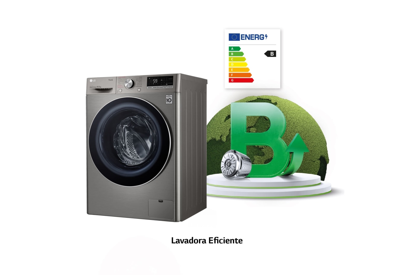 LG Lavadora inteligente AI Direct Drive™, TurboWash 59, 10,5kg, 1400rpm, Clasificación B, Inox antihuellas, Serie 700, F4WV5010S2S